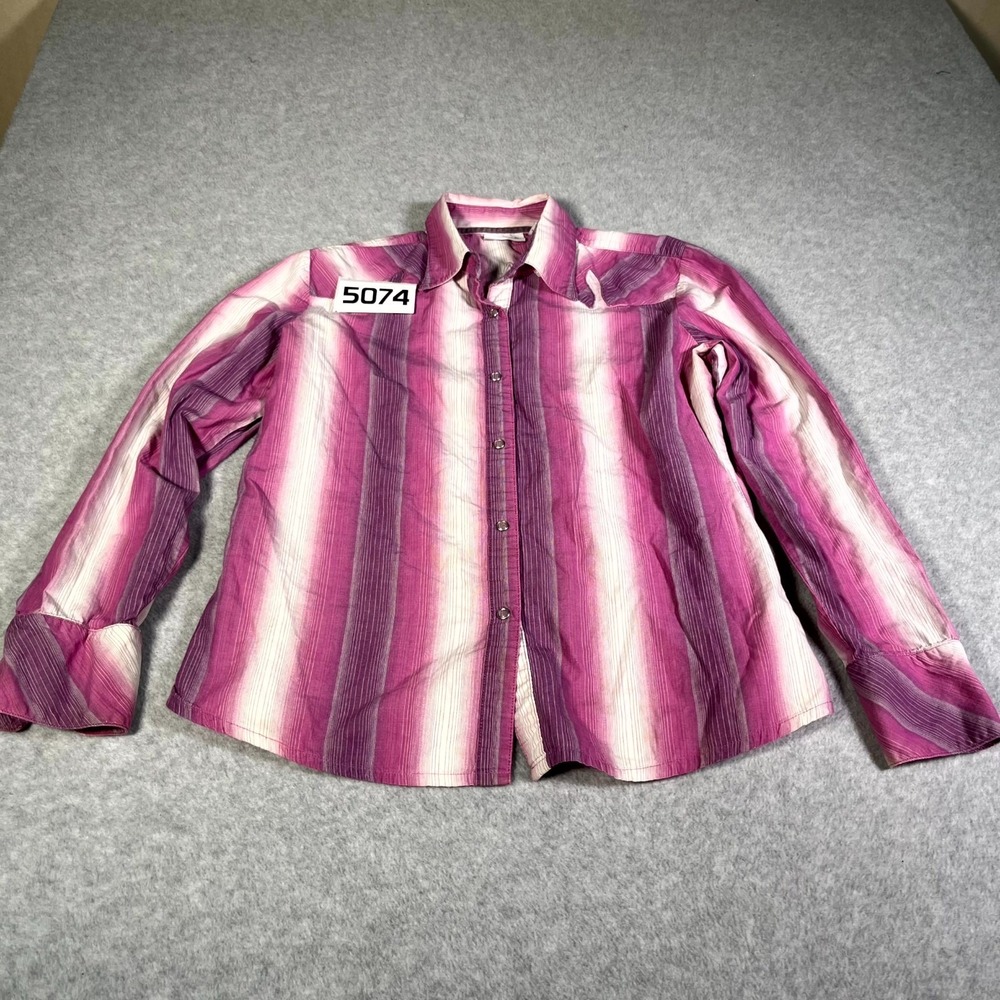 Wrangler Western Shirt Women Medium Pink Purple Stripe Cotton Pearl Snap Outdoor